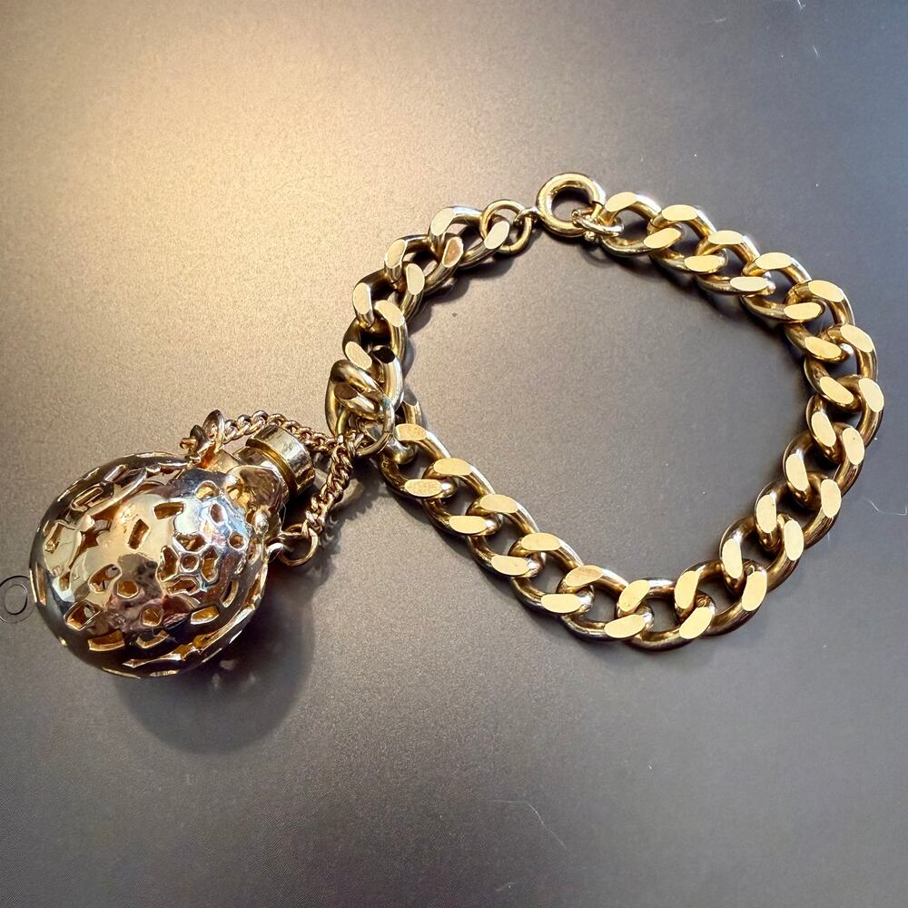 Vintage Perfume Flask Vial Gold Tone Chain Link Bracelet
